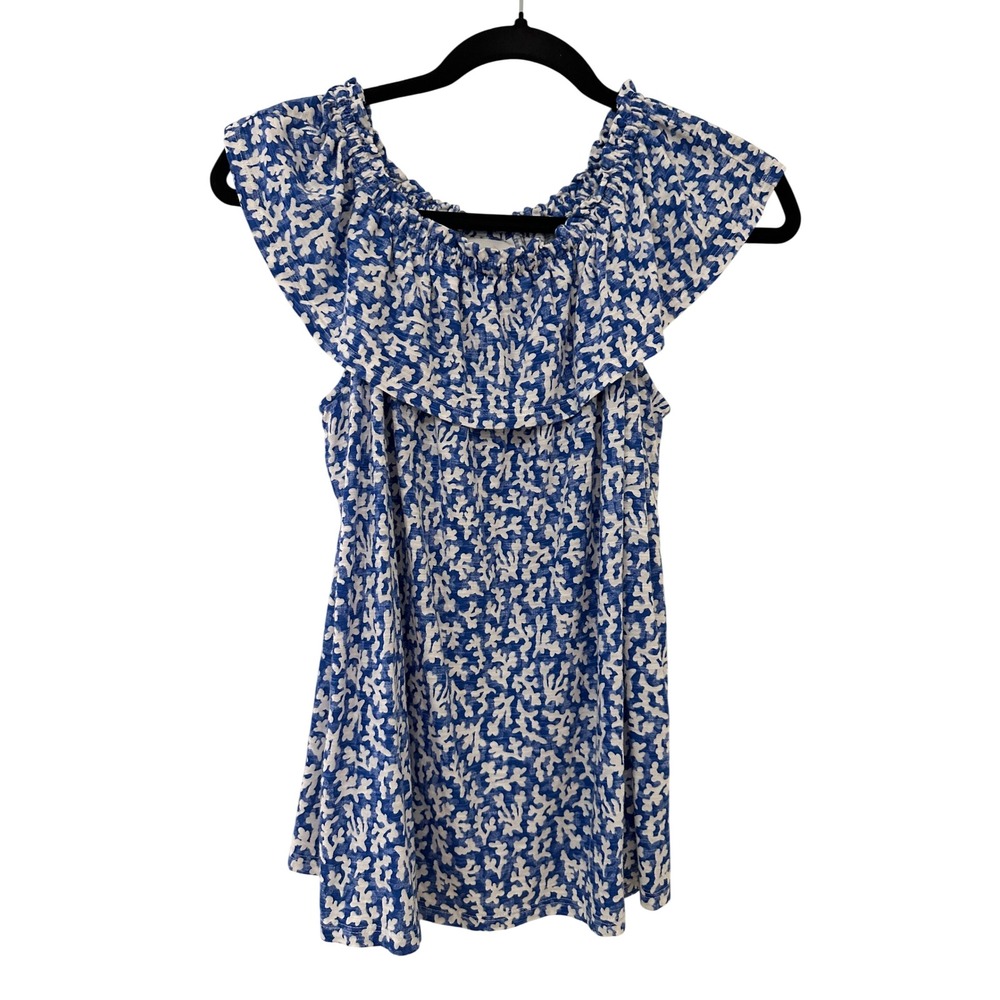 J. Jill Blue White Coral Print Ruffle Off Shoulder Top M Petite Cotton Blend